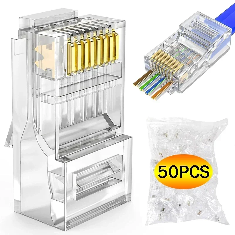 1/10/50Pcs Pass Through RJ45 Cat6/Cat5e Connectors Crystal End Gold-Plated 8P8C Crimp UTP Standard Ethernet Network Modular Plug