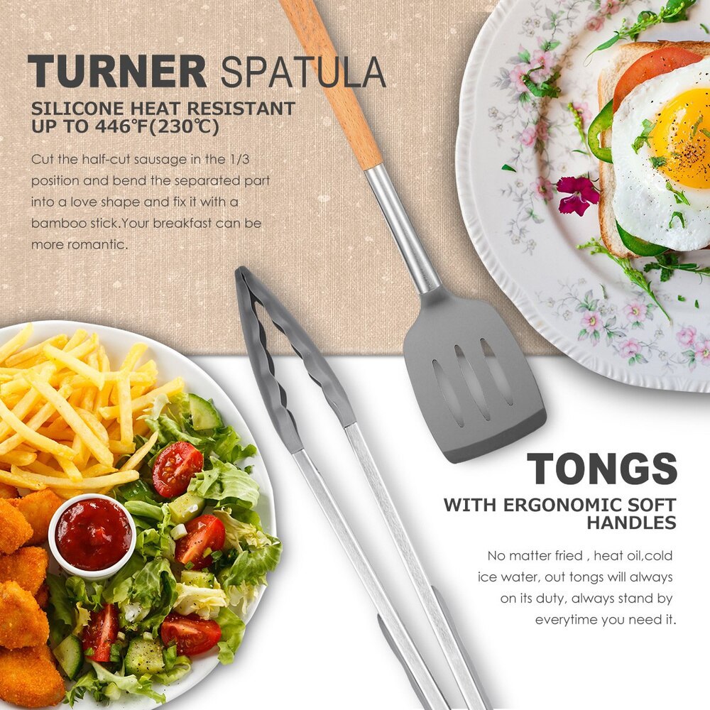9/10Pcs Kitchen Set- Silicone Utensils Cooking Sets Non-stick Kitchenware Spatula with Wooden Handle Kitchen Tools Accessories