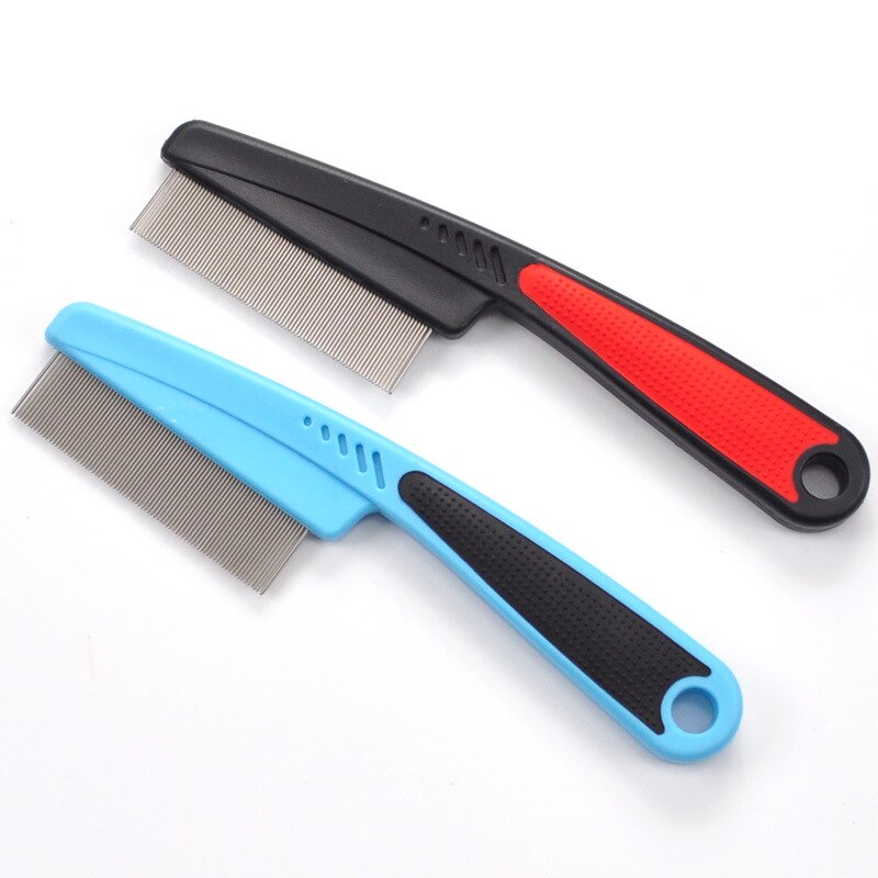 Cepillo de acero inoxidable para perros y mascotas, herramienta para quitar piojos de dientes densos, peine con mango de plástico, peines para mascotas