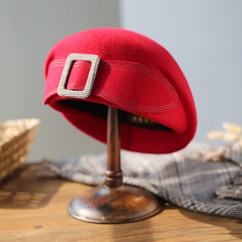 Boina clásica para mujer, sombrero de fieltro de lana elegante, cálido, de invierno, sombrero Fedora, sombrero Formal: Red