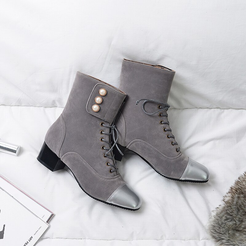-stijl vierkante neus dames parel laarzen vierkante hak herfst winter streetwear dames laarzen  v897: Grijs / 4.5