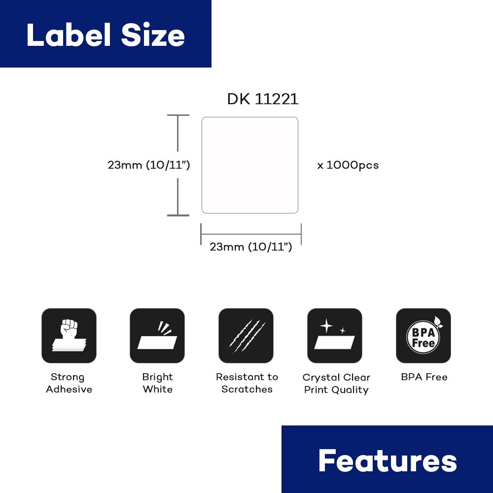 CIDY-rollo de papel térmico troquelado para impresora, rollo de papel térmico troquelado Compatible con máquina de etiquetas Brother DK11221 DK-11221 DK221, para DK-1221 DK 11221, 23x23mm, 1 unidad
