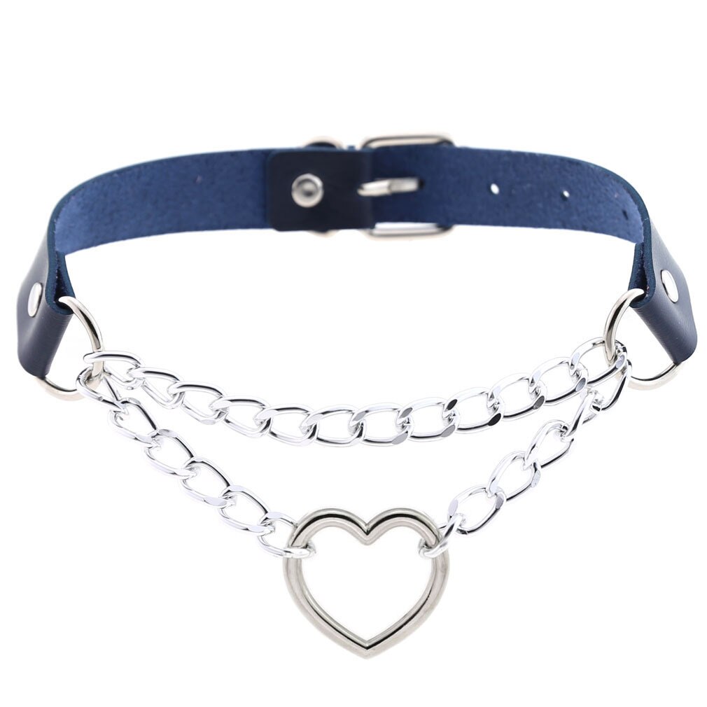 Wollet Jewelry personality PU leather peach heart love collar necklace chain heart-shaped neckband neck chain clavicle: Dark Blue