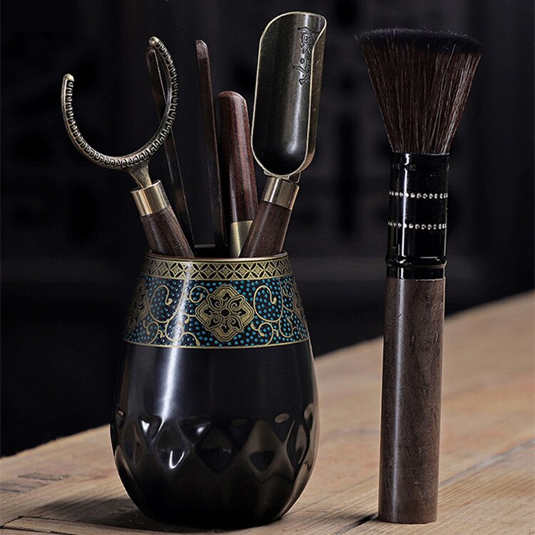 Chinese Kung Fu Tea Accessories Set Tea Ceremony Tools Wood Clip Needle Spoon Cutter Retro Ceramic Canister Teaware Utensils