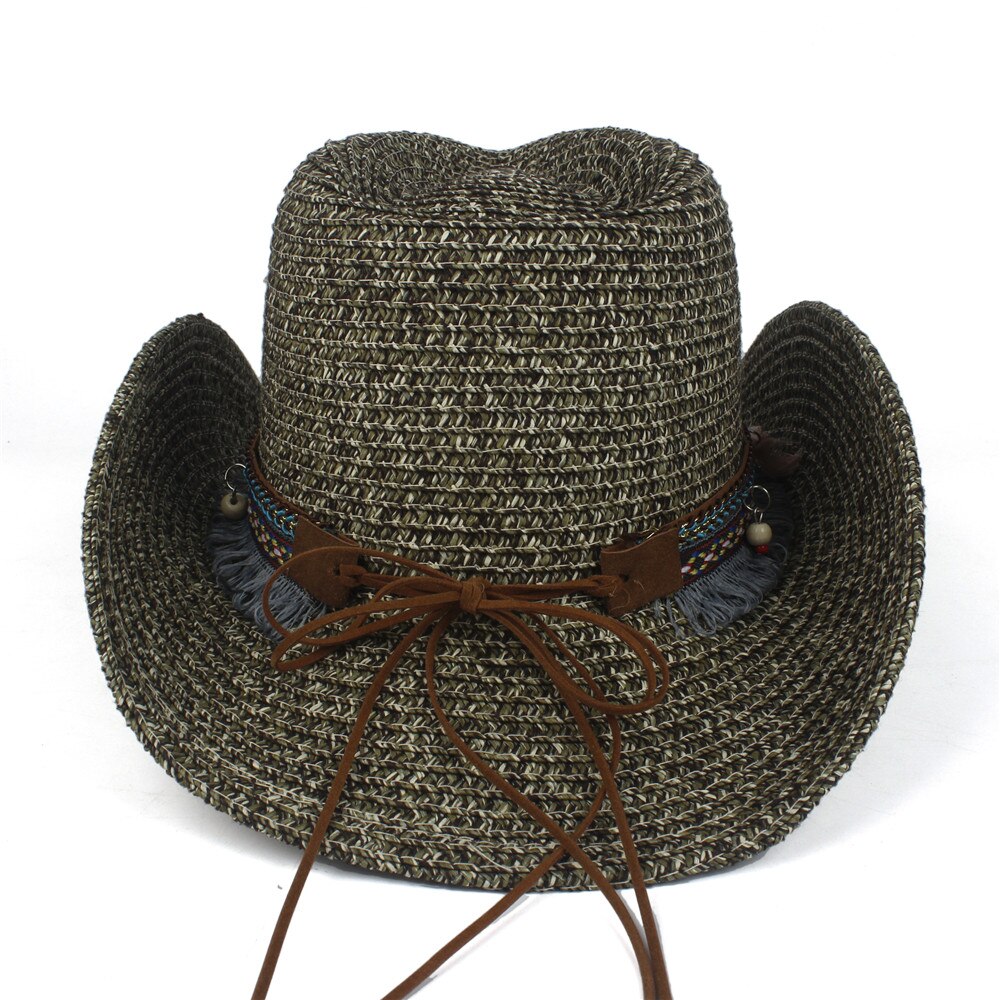 Chapéu de vaqueiro ocidental, feminino, palha vazada, estilo boêmio, com borla, tamanho 56 a 58cm, para praia, jazz, chapéu de sol