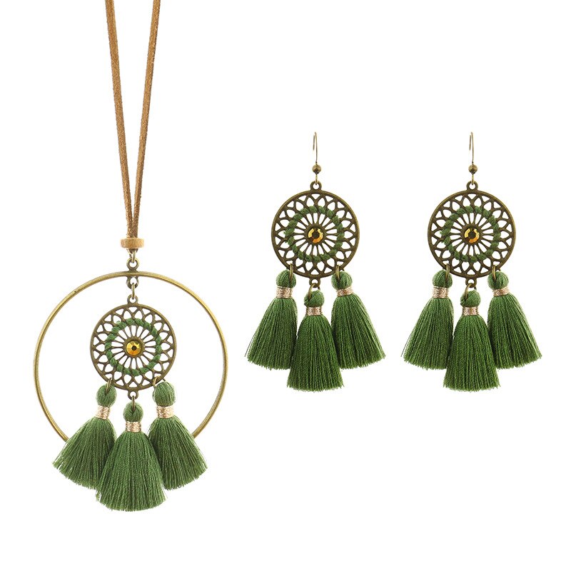 3 -delad tofs örhängen halsband set bohemisk etnisk stil handgjorda rep urholkade örhängen långt halsband set: B2185-6