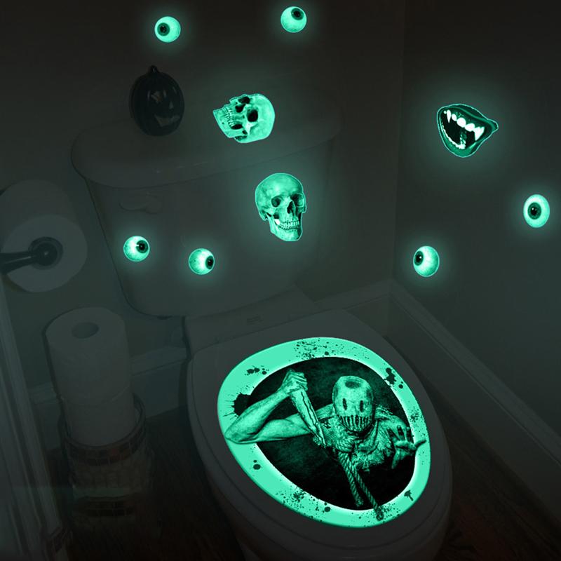 1 Set Halloween Stickers Lichtgevende Scary Creppy Marionet Decals Toiletbril Stickers Horror Bloody Decals Voor Bar Thuis