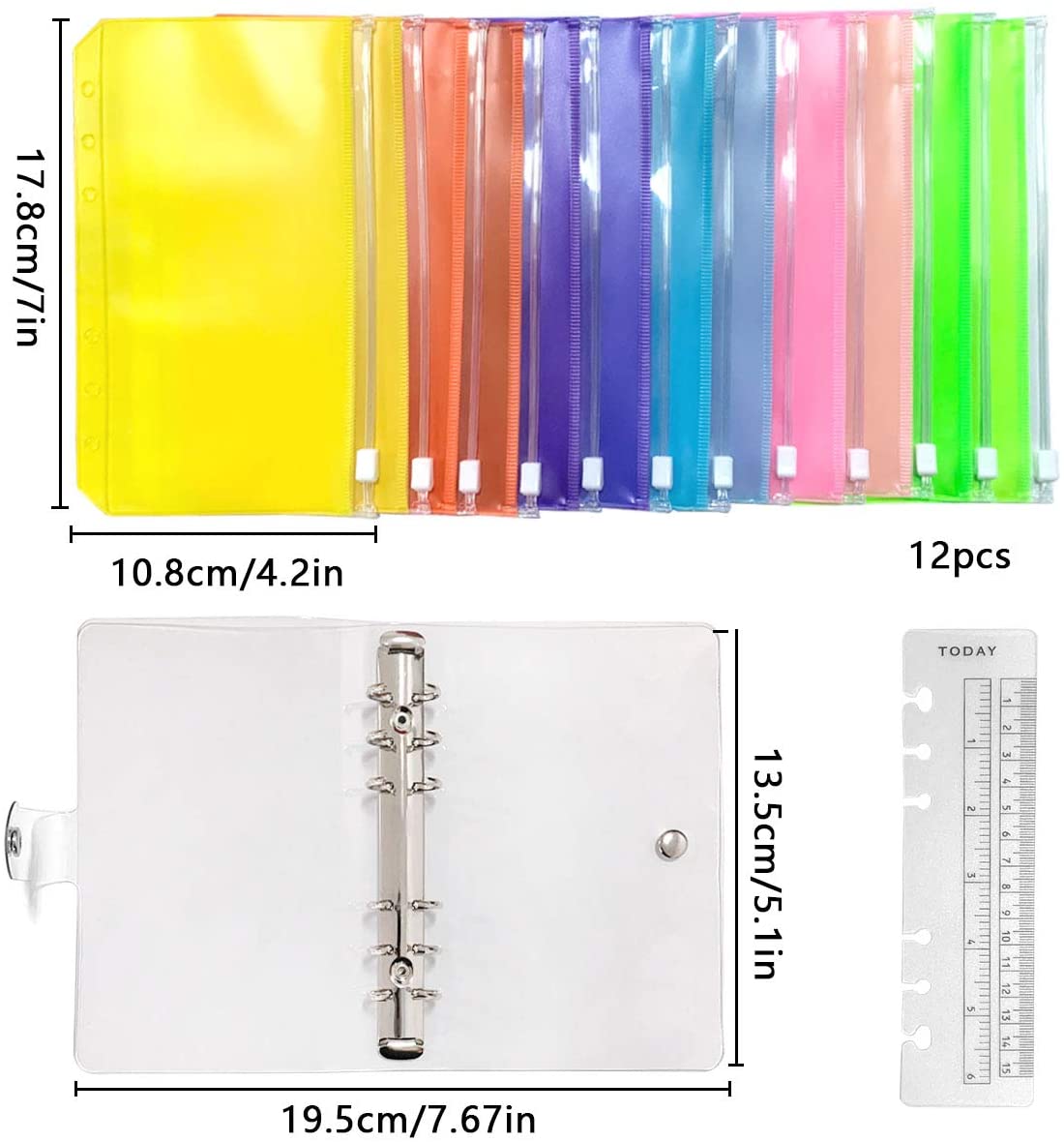 A6 Clear PVC 6 Ring Binder Budget Planner Organizer Notebook Waterproof Folders with 12 Colorful Zipper Binder Pockets,A Ruler