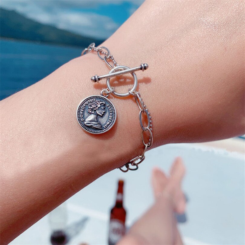 Cool Lock Cross Punk Rock Chain Adjustable Bracelet Long Chain Alloy Stainless Metal Line for Women Jewelry Party: coin bracelet