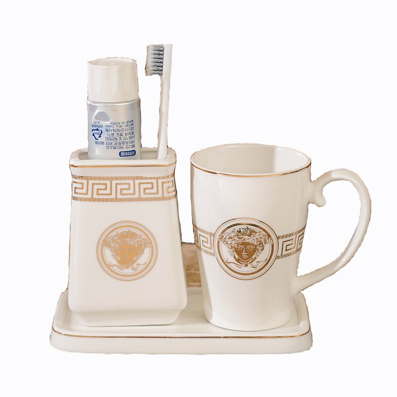 Juego de accesorios de baño de cerámica para cepillos de dientes taza de gárgaras con bandeja estilo europeo 3 piezas Set de de boda