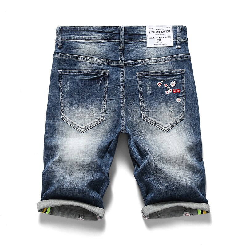 KSTUN-Short en Denim pour hommes, pantalon de court, avec broderie à fleurs, Slim élastique, , été