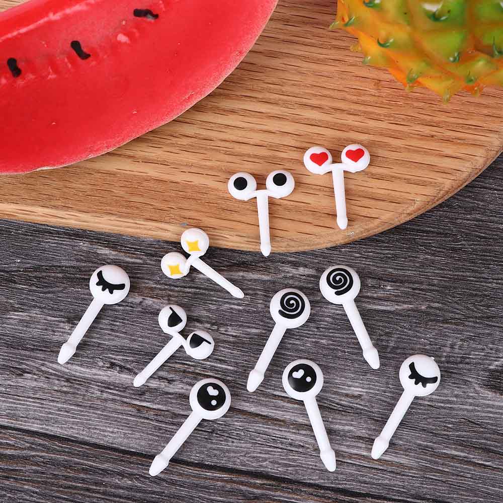 Tenedor de fruta con ojos bonitos para niños, palillo de fruta de plástico, Bento, almuerzo, aperitivo, pastel, postre, comida, palillo de dientes, vajilla de cocina, decoración, 10 unids/paquete