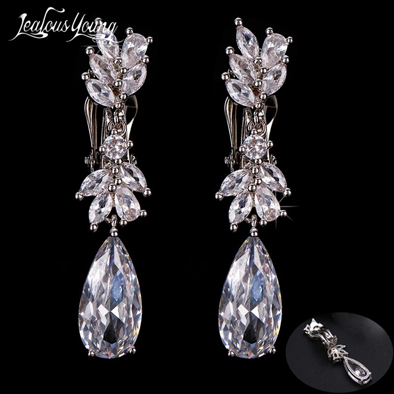 Leaf Zircon Clips Earrings for Women Silver Color Water Clip Earings Long Crystal Wedding Ear Cuff Jewelry