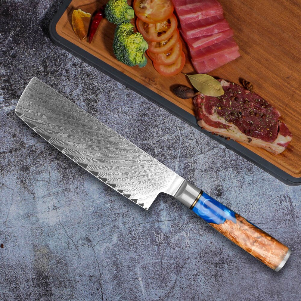 MOKYING Forged Kitchen Knife Set Damascus Steel Chef Knife Chopping Kitchen Knife Peeling Bread Knife Blue Resin Handle: D