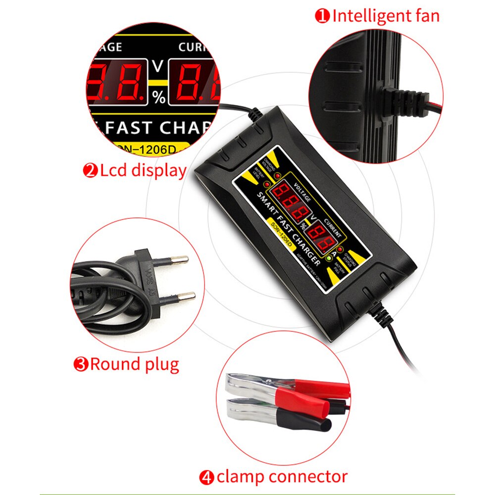 LEEPEE 150V-250V Lead Acid Battery-chargers LCD Display US EU Plug 12V 6A Smart Fast Power Charging Suitable for Car Motorcycle