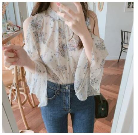 Off shoulder chica toppar utsvängda ärmar söta söta tjejer kvinnor flhjlwoc japansk korea stil blommig ihålig volang blus: Beige / S