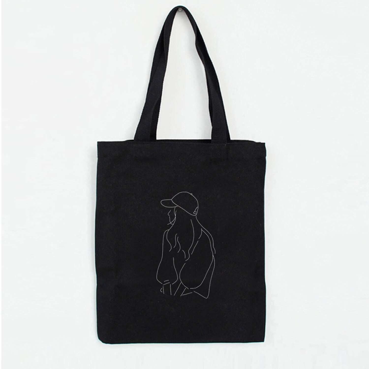 Handtassen voor jonge dames, stoffen canvas tas, reistas voor dames, eco-herbruikbare schoudertassen, schooltas, lijntekening, print: E188 zwarte