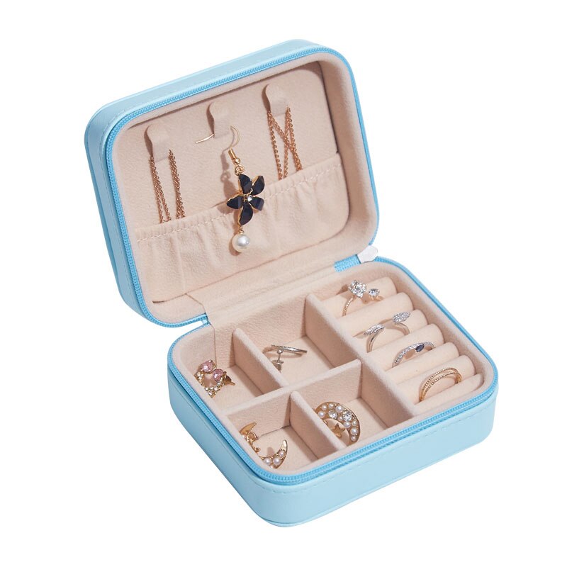 Jewelry Box Portable Multi Function PU Leather Fresh and Simple Earrings Ring Jewellry Storage Necklace Case: mini blue