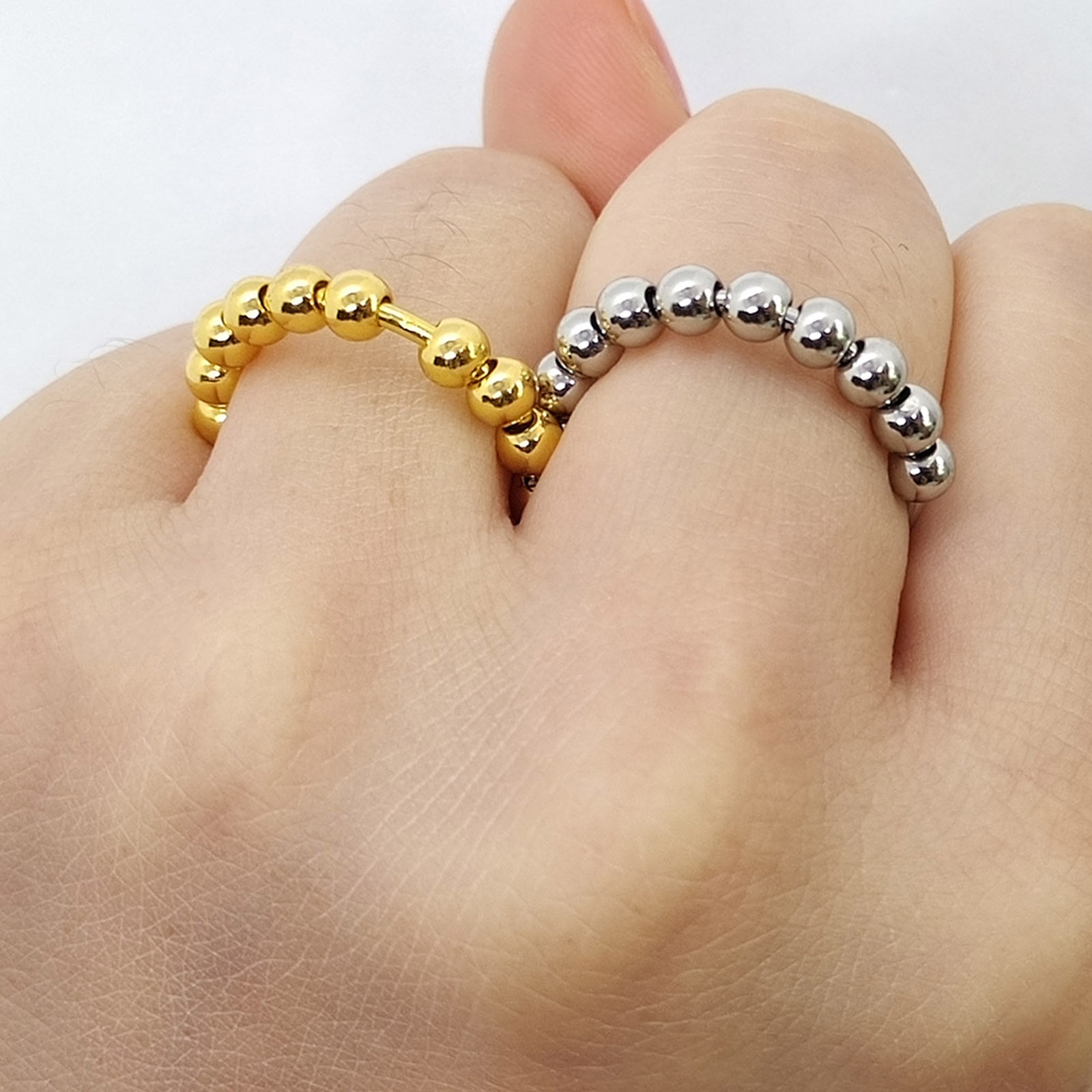 Simpel kobber ujusterbar stressaflastende angstring med perler fidget spinnerringe roterbare runde perler damesmykker