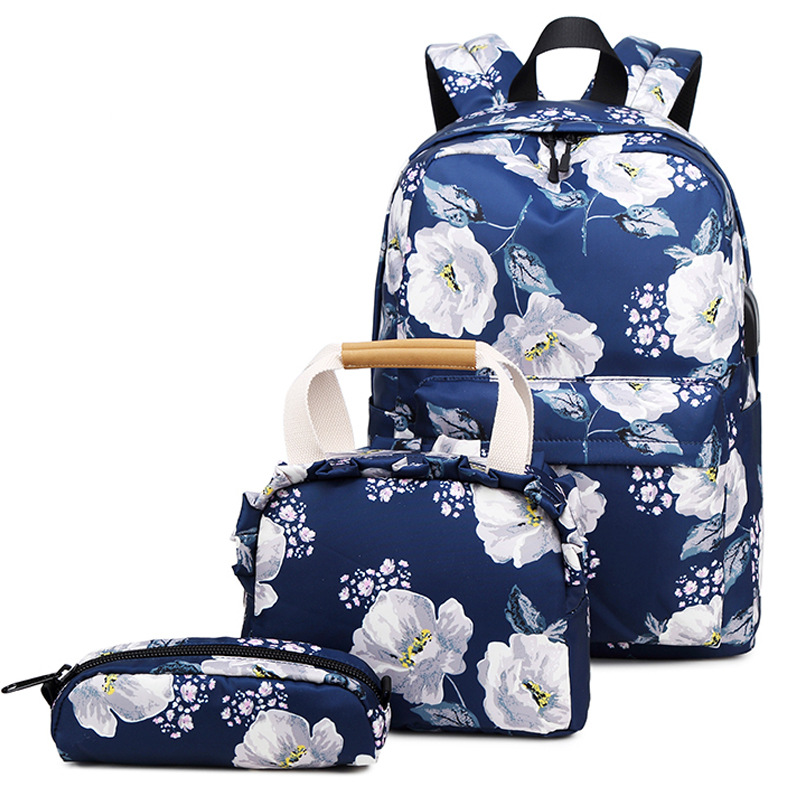 Tieners School Rugzak Set Meisjes Vrouwen Schooltassen Lichtgewicht Waterdichte Nylon Reizen Bloemen Kids Bookbags Casual Dagrugzak: K526 Blue 1 Set