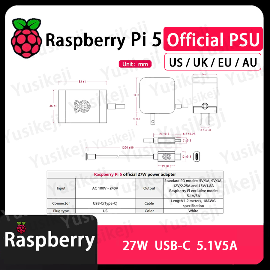 Officiële Raspberry Pi 5-voeding 27 W USB-C USB Type-C-adapter 5,1 V 5 A met PD-standaardondersteuning PSU PI 5