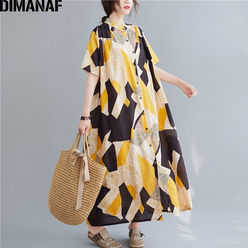 Dimanaf plus size vestido feminino algodão estampado verão vestido de verão roupas casuais senhora vestidos botão solto cardigan camisa vestido 5xl