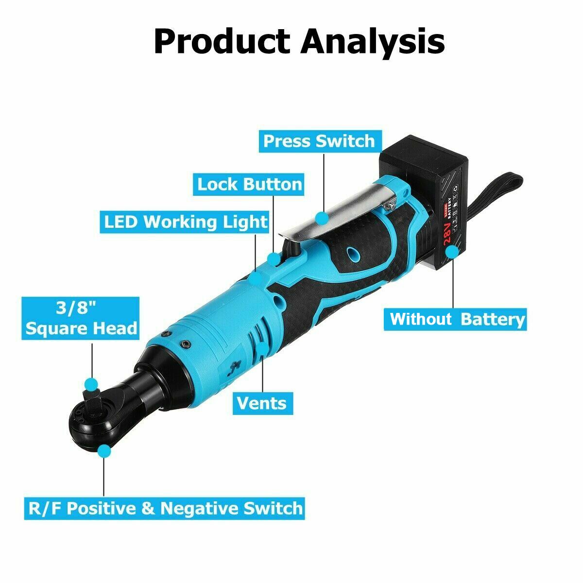 12V/18V/28V Cordless Ratchet Wrench Right Angle Tool Ratchet 90 Degree Right Angle Large Torque Capacity Wrench without battery