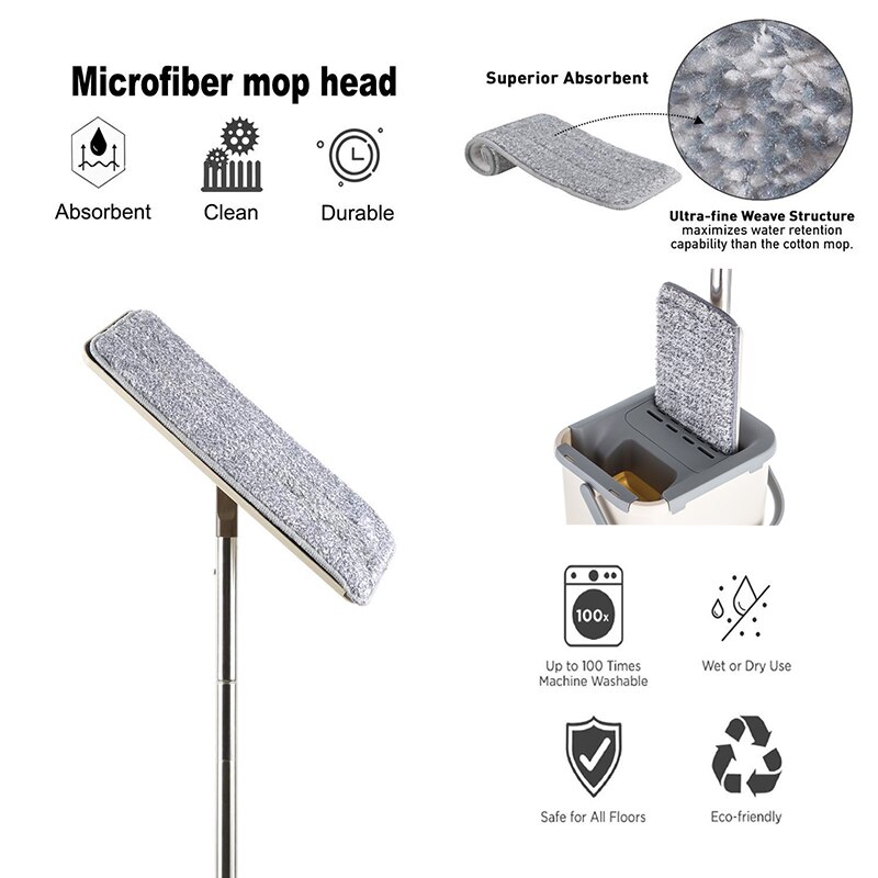 Mopa para limpiar el piso de la casa, sistema de cubeta de microfibra sin escurrir de acero inoxidable, almohadillas para fregar o secar en baldosa laminada de madera dura