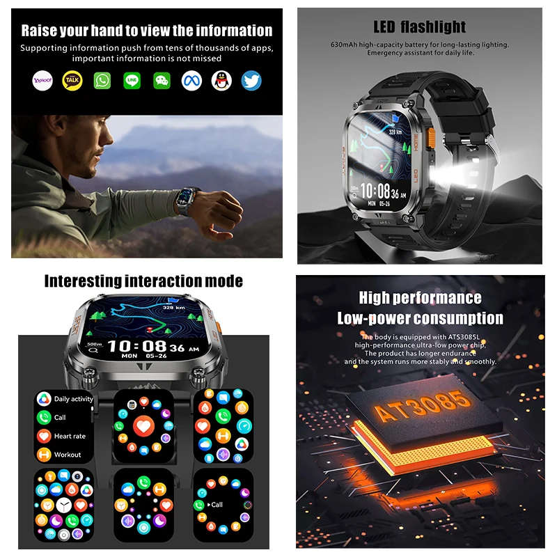 Smartwatch z wbudowanym GPS, wodoodporny IP68, bateria 630 mAh, kompas, barometryczny wysokościomierz, odtwarzanie muzyki Bluetooth, sterowanie głosowe AI, połączenia BT.