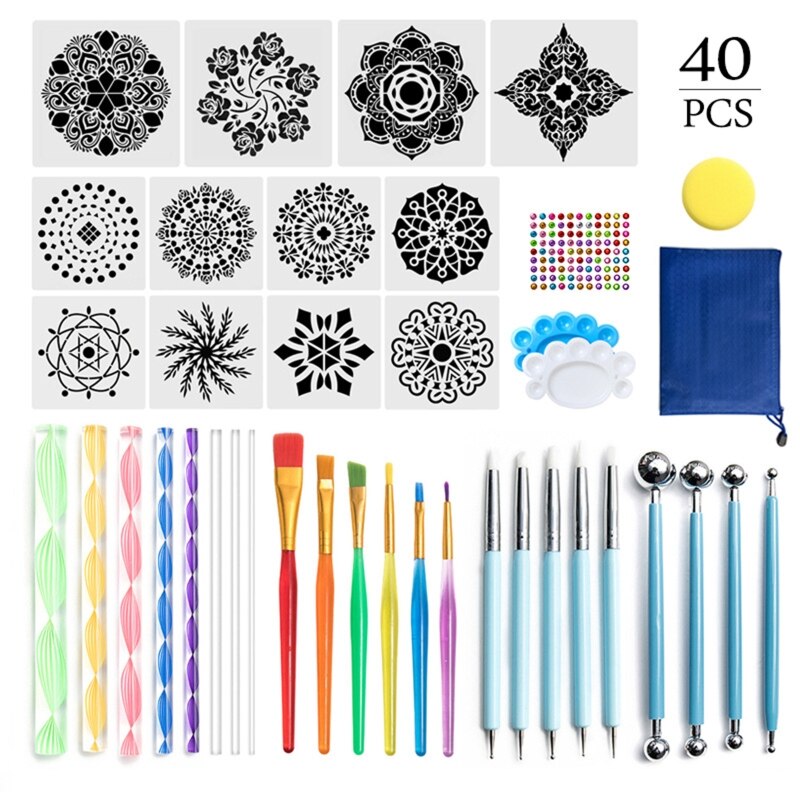 Kit de 19 outils de pointillage mandala pour bricolage, pochoirs, boule, stylet, palette, pinceaux, gaufrage, fournitures d'art pour toile, roches, coloriage, dessin, travaux manuels, décoration