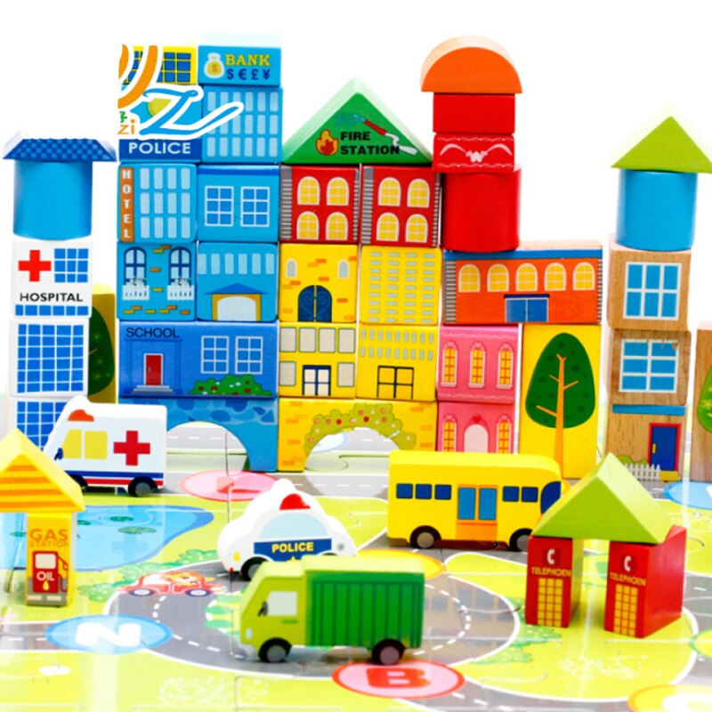 62Pcs Kinderen Houten Blokken Stedelijke Verkeer Assembleren Baby Speelgoed Vroege Onderwijs En Intellectuele Ontwikkeling
