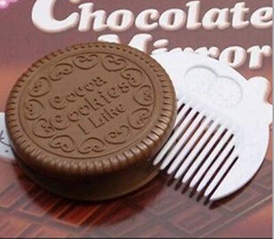 Mini Pocket Chocolate Cookie Biscuits Compact Mirror With Comb ~Cute~deep coffee color