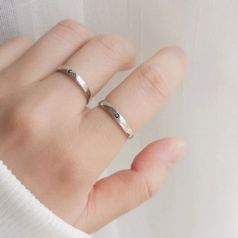 2 Pcs Promise Ring Set Zon En Maan Stijl Verzilveren Band Ring Voor Paar Vriendje Vriendin Fq-Ing