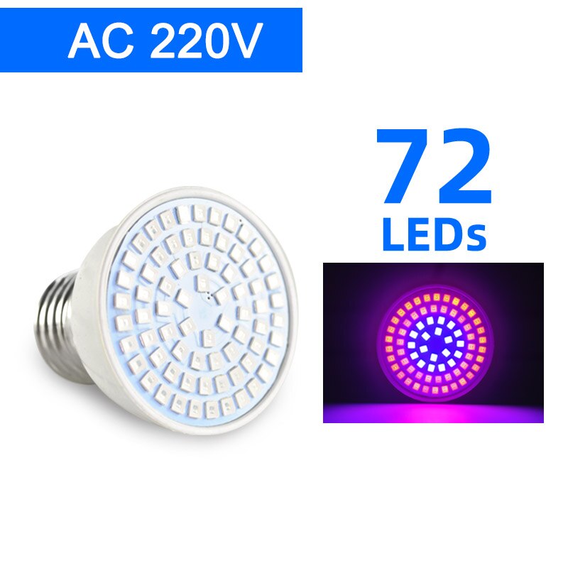 Led Grow Light Schijnwerper E27 Led Lamp Volledige Spectrum 50W Ac 220V Indoor Plant Lamp Ir Uv Voor bloeiende Hydrocultuur Systeem: AC 220V 72LEDs