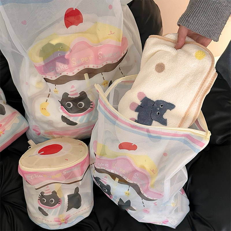 Cartoon Kat Waszak Waszakken met Rits Ondergoed Kleding Mesh Zakken Voor Thuis Wasmachines Leuke Waszak