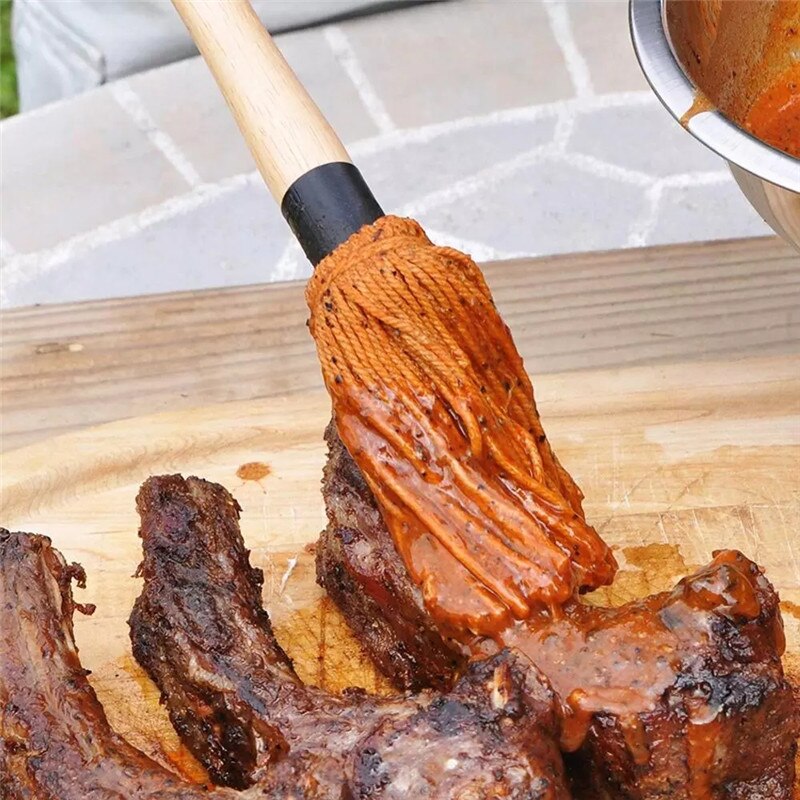 Barbecue Katoen Handvat Hoofd Natuurlijke Stijl Mop Fiber Grill Bedruipen Mop Professionele Barbecue Borstel 18Inch 46Cm