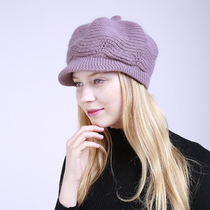 Dame plys indvendig flad skygge strikket hue efterår vinter ensfarvet blød visir hue ski cap hun strikket hue hue: Lys lilla