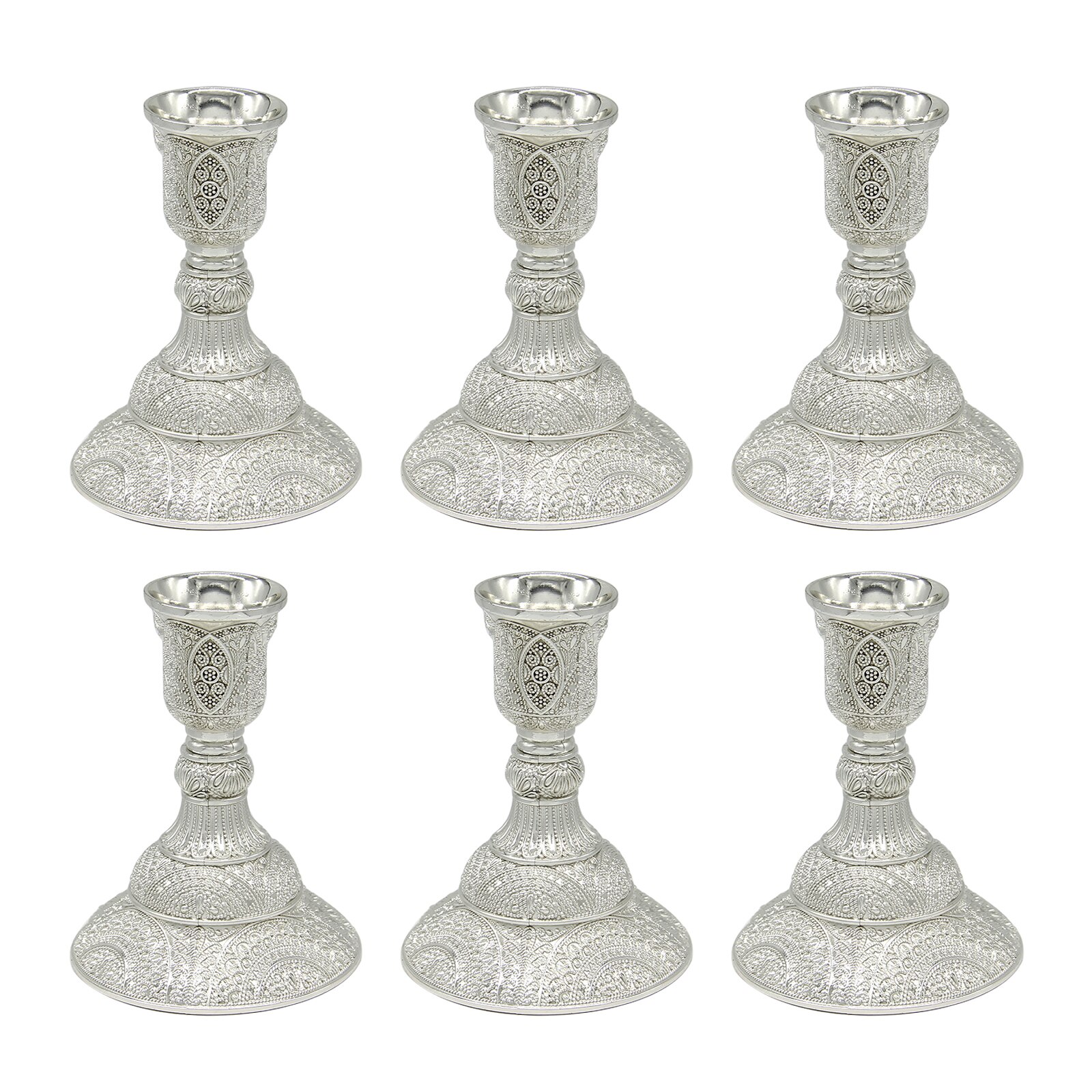 Set of 6pcs Gold Taper Candle Holders with Deluxe Engraved Shabbat Candlestick Holders for 1 inch Diameter Candles