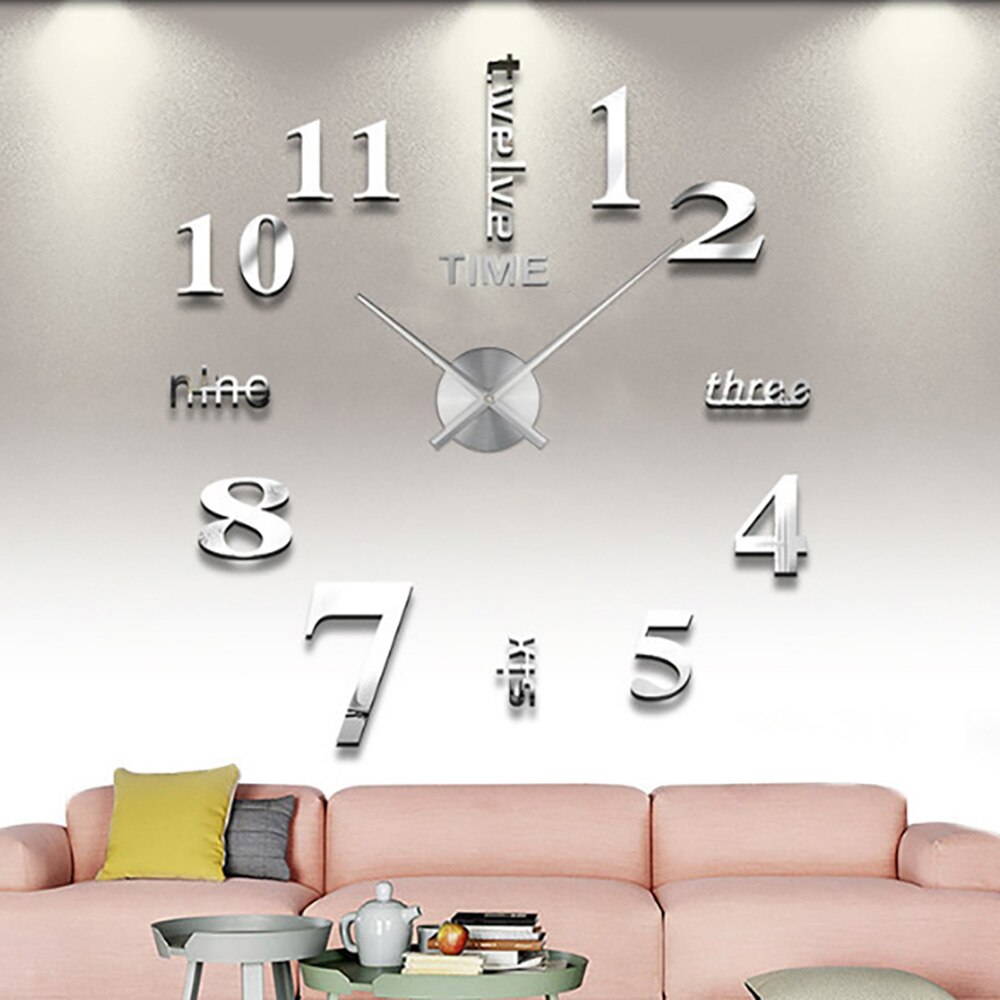Top 3d vægur reloj de pared kvarts ur moderne diy ure stue store dekorative horloge murale klistermærker: Sølv