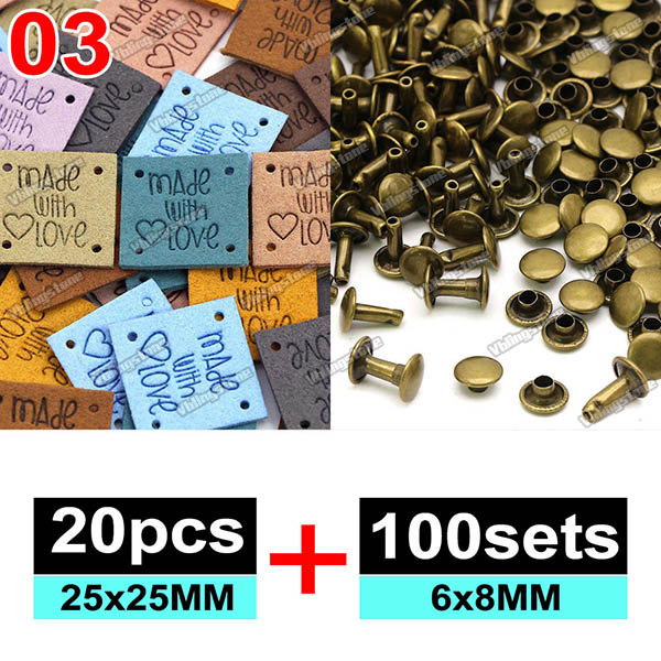 Zestawy etykiet skórzanych Ręcznie robione etykiety na ubrania Wytłaczane etykiety z metalowymi nitami z podwójną nasadką 6x8MM Akcesoria robić szycia: Antyczna miedź