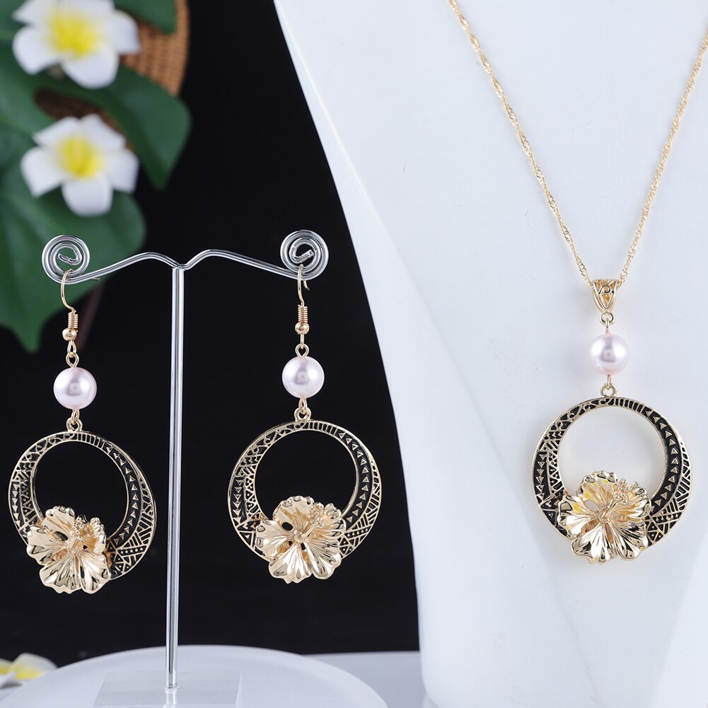 SophiaXuan Schmuck setzt Hibiskus Blumen Perle Halskette einstellen hawaiisch Polynesian Gold Überzogene Halskette setzt für Frauen