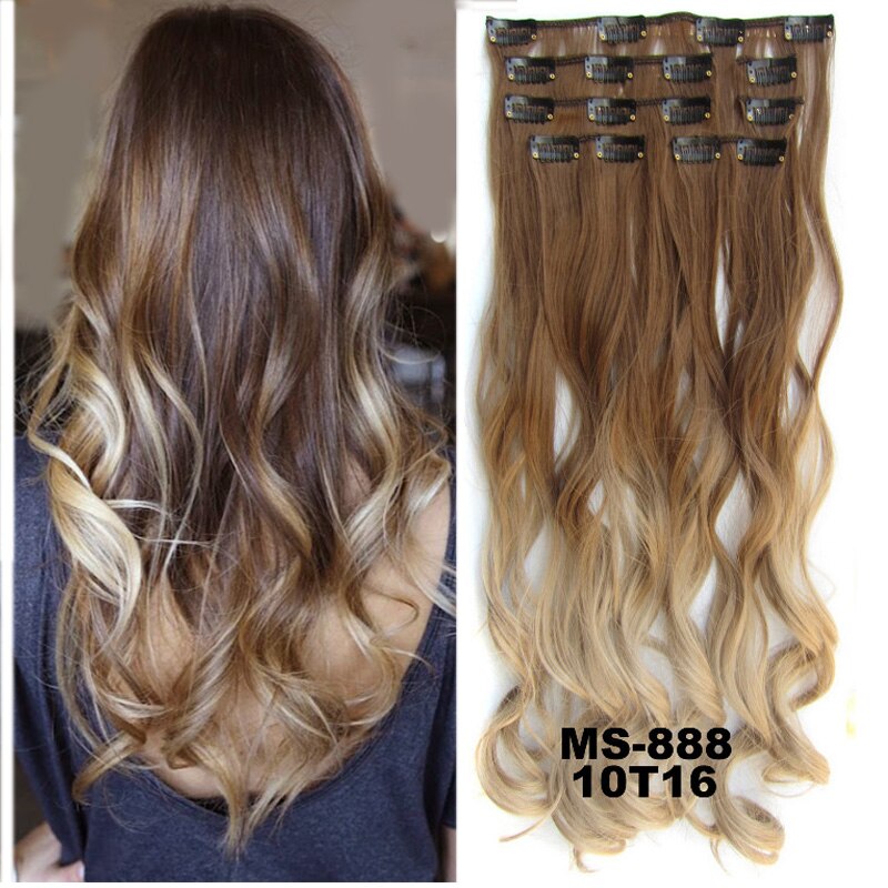 Extensiones de pelo sintético ondulado 7 unids/set, Clip de 22 pulgadas, 100g, Color negro, marrón, degradado postizo, resistente al calor