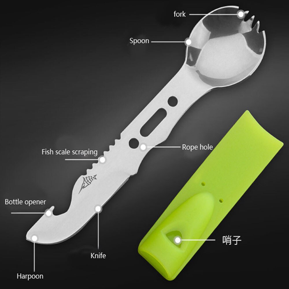 Kit de utensilios de cocina para acampada, cuchara, tenedor, abrebotellas, portátil, multifuncional, seguridad y supervivencia, acero inoxidable duradero