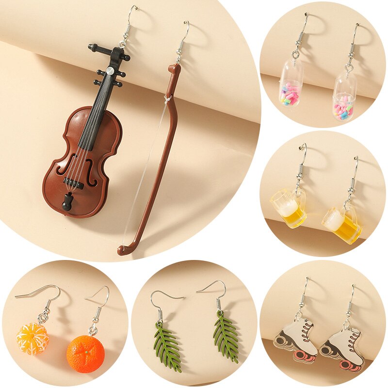 Sjove søde vedhæng øreringe kvinder piger trendy akryl blad frugt violin vedhæng øreringe smykker