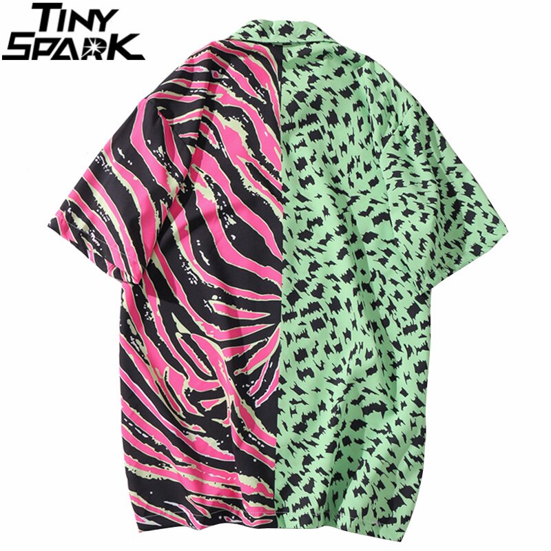 Homme hawaïen chemise zèbre rayure imprimé léopard Patchwork Hip Hop chemise Streetwear Harajuku plage chemise manches courtes été