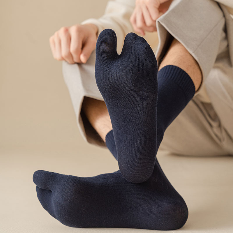 Calcetines de 2 dedos para hombre, sandalias con chanclas, calcetines de tubo medio con 2 dedos, calcetines con punta dividida a rayas de Color sólido, calcetines de algodón informales de negocios