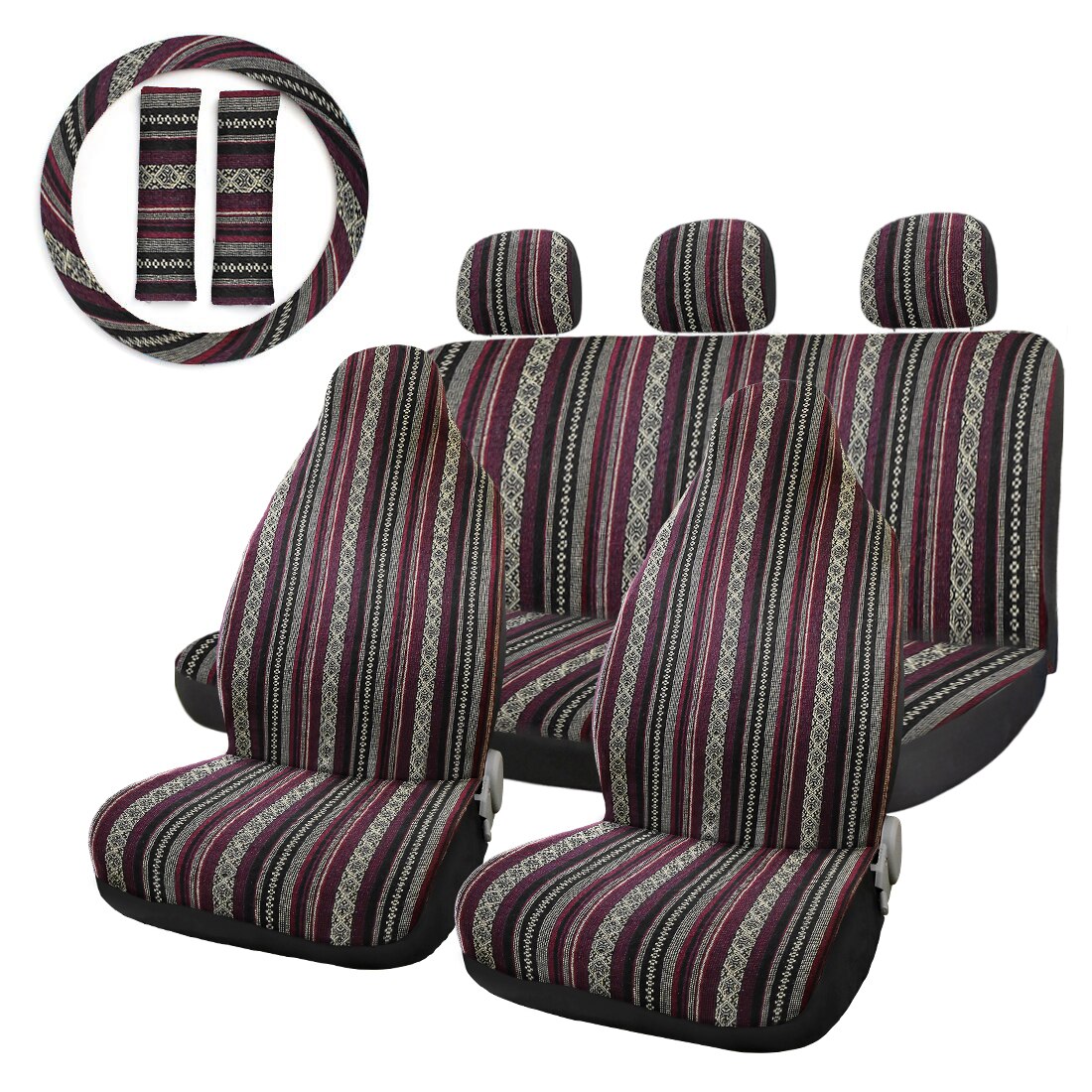 X Autohaux Car Seat Covers Set Baja Saddle Blanket Weave Universal Fit Most Car Seat Protection Steering Wheel Cover Protector: 10pcs Style3