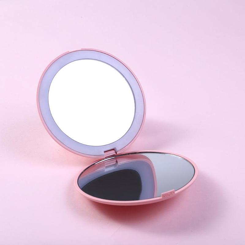 Portable LED Lighted Makeup Mirror Folding Magnifying Round Cosmetic Mirror Portable Vanity LED Mirror With Light Beauty Tool
