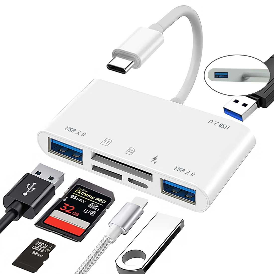 USB C To SD TF Card Reader 6 In 1 USB-C Memory Card Reader Adapter With 30W Charging Port USB 3.0 Female OTG Adapter: WHITE