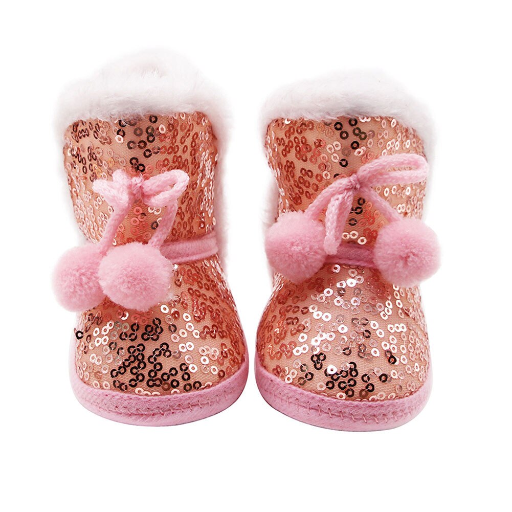 Baby piger paillet sne støvler skridsikker blød sål vinter varm pels foret sko ankelstøvler med snørebånd: Lyserød / 11